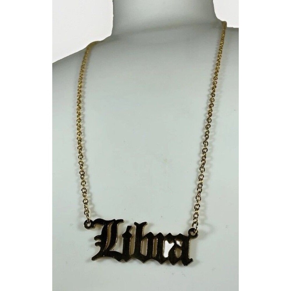 Libra Necklace Scripted Gold Tone Horoscope Zodiac Sign Pendant September EUC